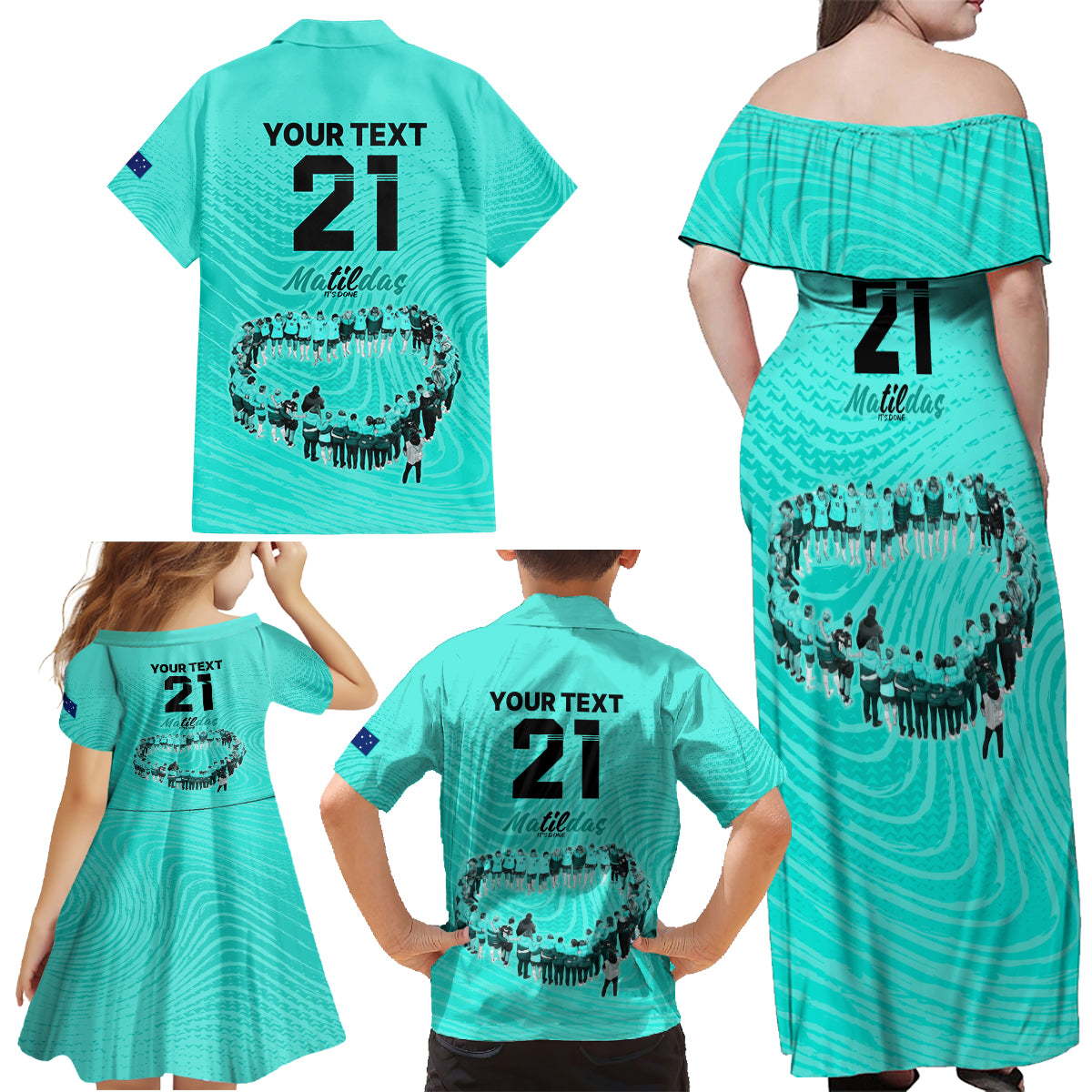 matildas-til-its-done-custom-family-matching-off-shoulder-maxi-dress-and-hawaiian-shirt-australia-womens-soccer-turquoise-style