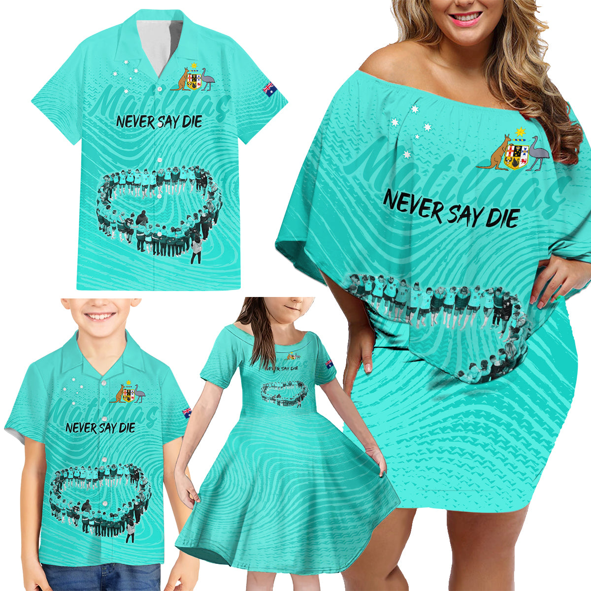 matildas-til-its-done-custom-family-matching-off-shoulder-short-dress-and-hawaiian-shirt-australia-womens-soccer-turquoise-style