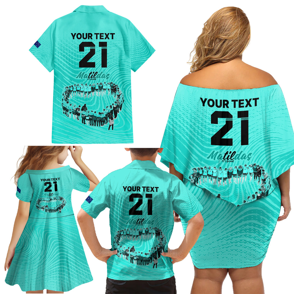 matildas-til-its-done-custom-family-matching-off-shoulder-short-dress-and-hawaiian-shirt-australia-womens-soccer-turquoise-style