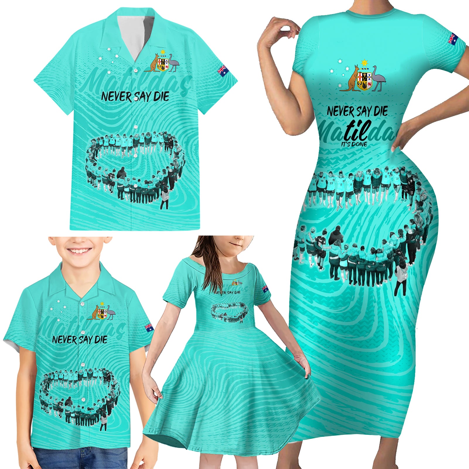 matildas-til-its-done-custom-family-matching-short-sleeve-bodycon-dress-and-hawaiian-shirt-australia-womens-soccer-turquoise-style