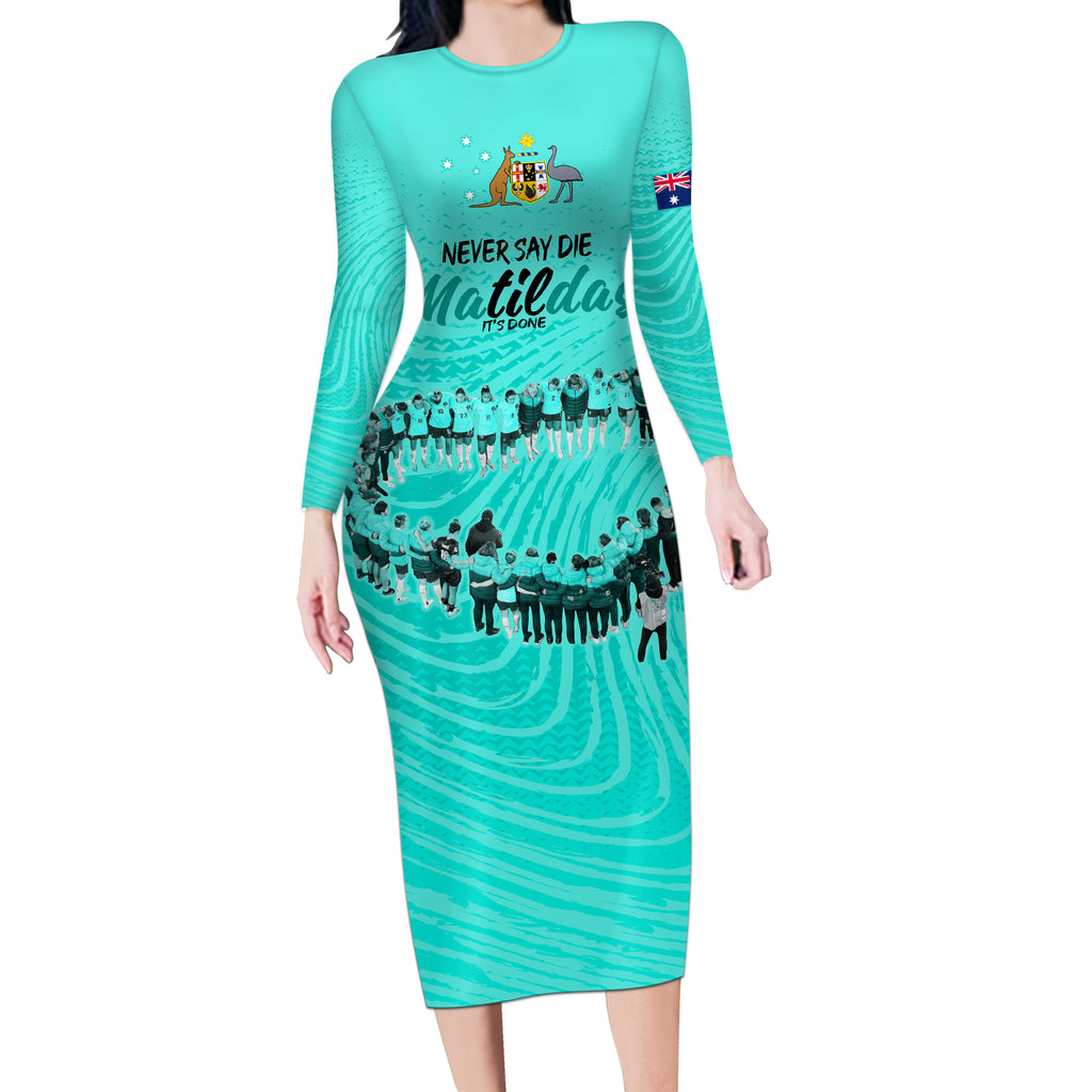 matildas-til-its-done-custom-long-sleeve-bodycon-dress-australia-womens-soccer-turquoise-style