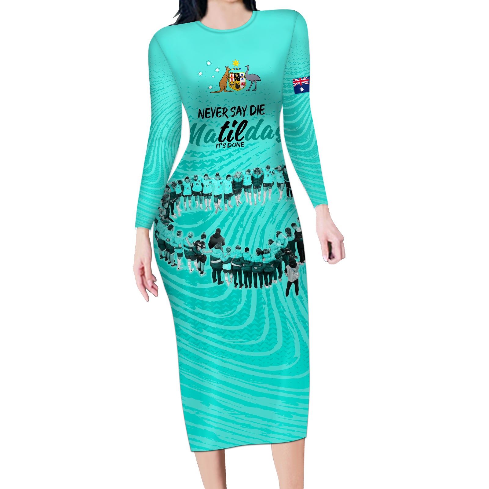 matildas-til-its-done-custom-long-sleeve-bodycon-dress-australia-womens-soccer-turquoise-style