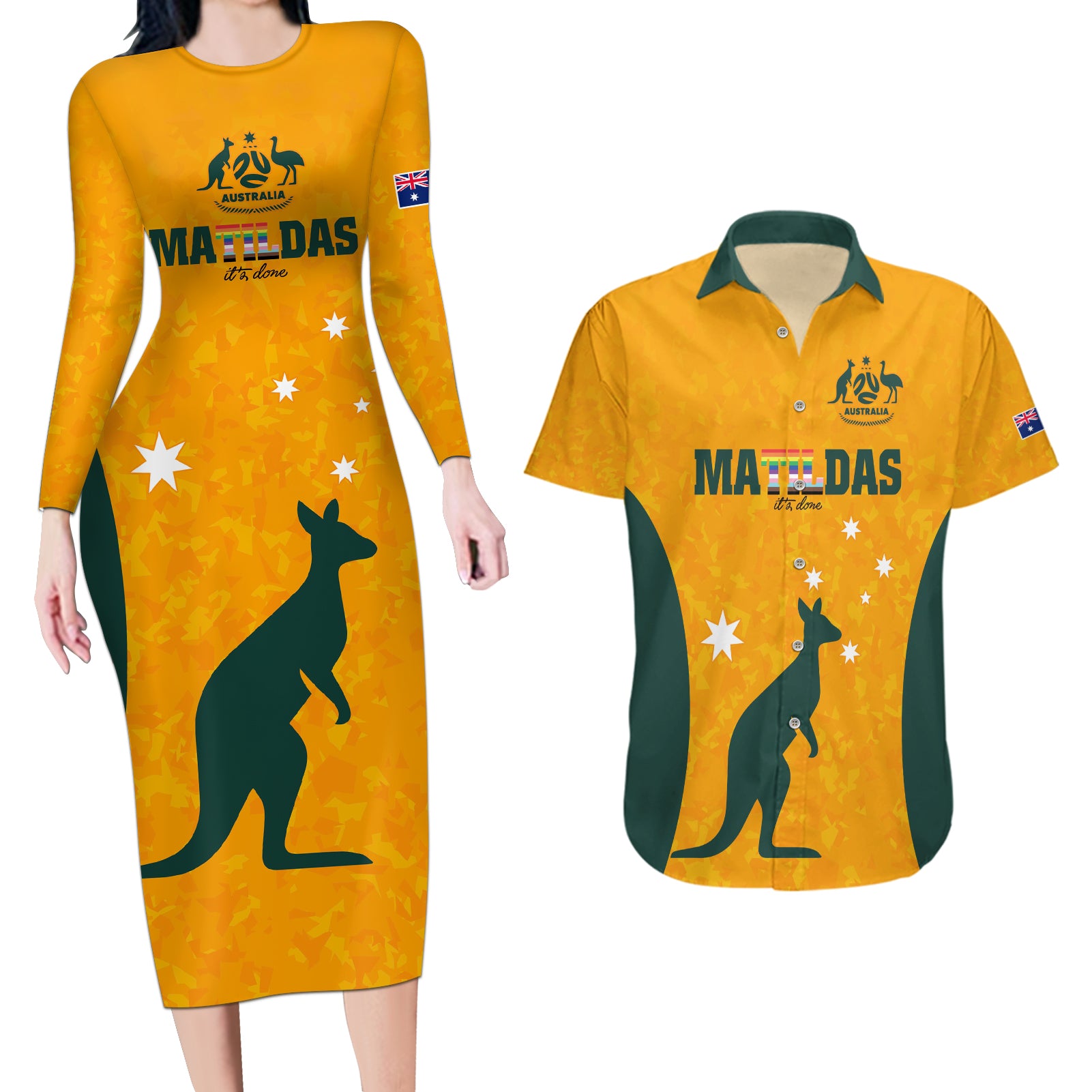 custom-australia-matildas-pride-with-kangaroo-couples-matching-long-sleeve-bodycon-dress-and-hawaiian-shirt