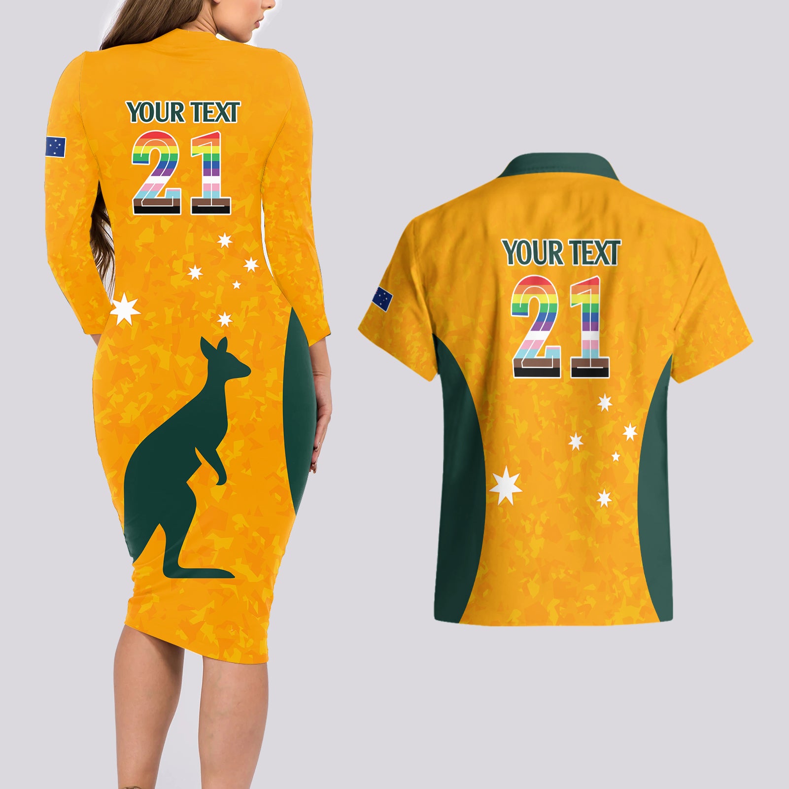 custom-australia-matildas-pride-with-kangaroo-couples-matching-long-sleeve-bodycon-dress-and-hawaiian-shirt