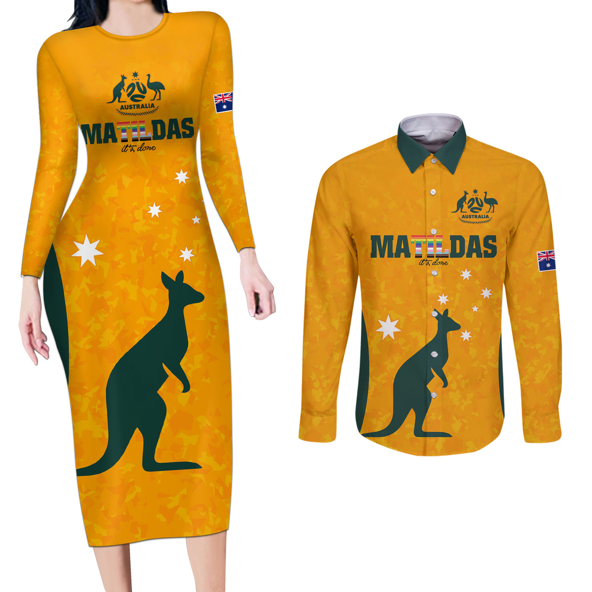 custom-australia-matildas-pride-with-kangaroo-couples-matching-long-sleeve-bodycon-dress-and-long-sleeve-button-shirt
