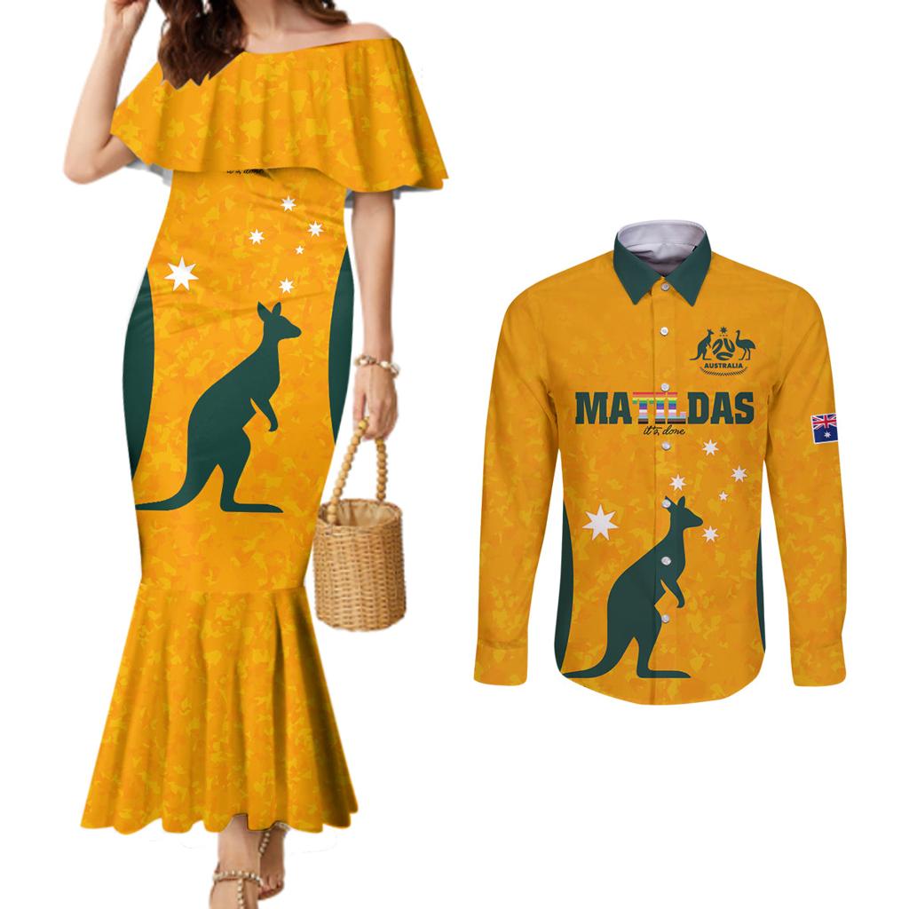 custom-australia-matildas-pride-with-kangaroo-couples-matching-mermaid-dress-and-long-sleeve-button-shirt