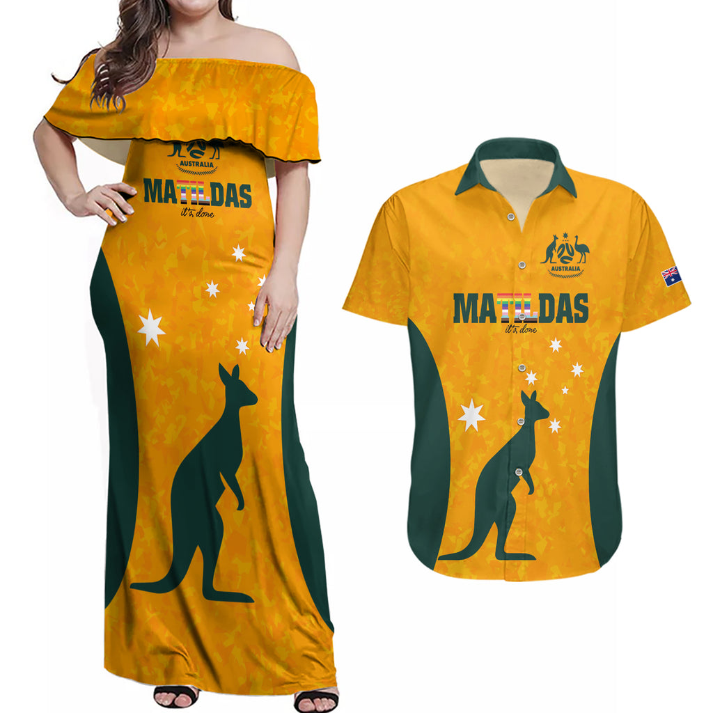 custom-australia-matildas-pride-with-kangaroo-couples-matching-off-shoulder-maxi-dress-and-hawaiian-shirt