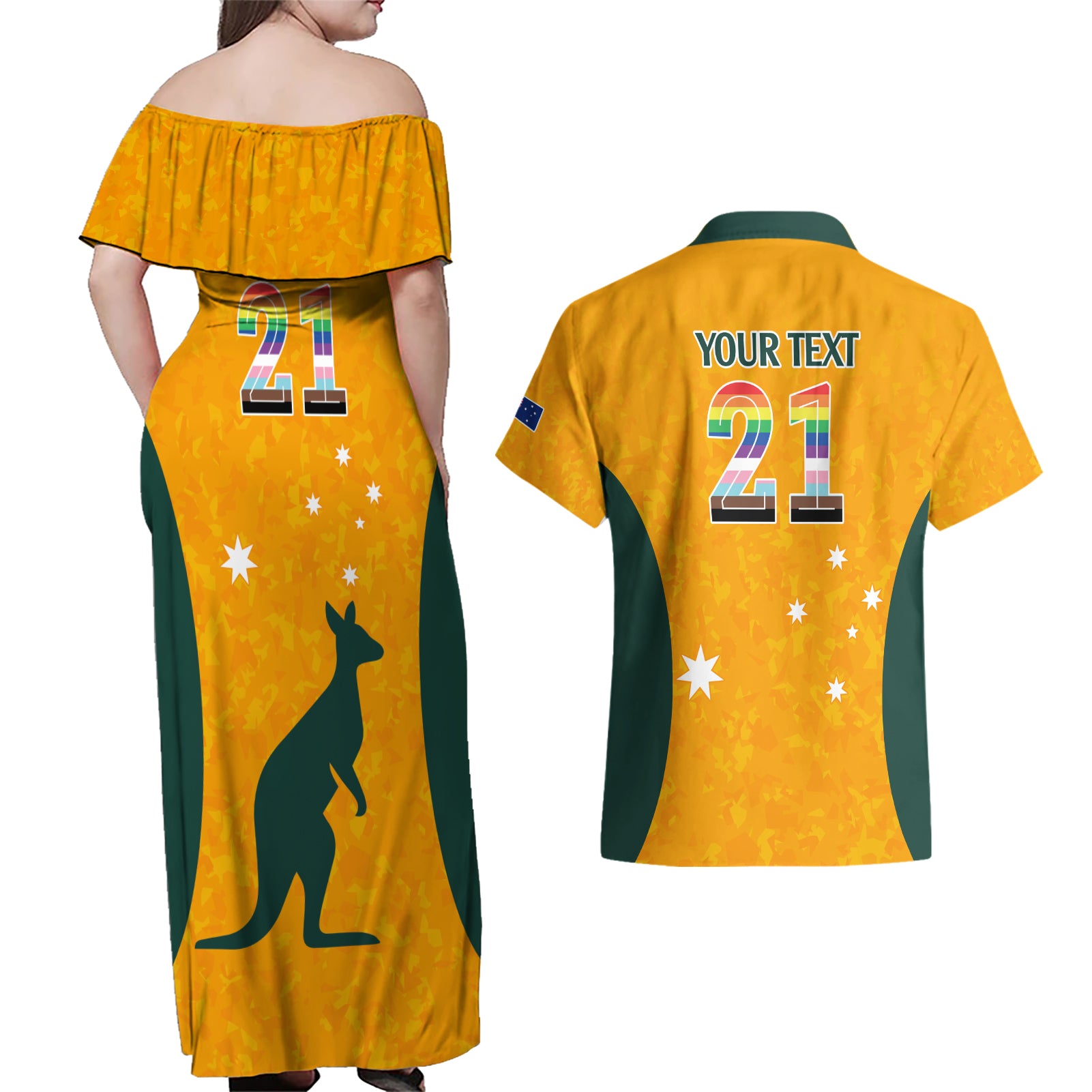 custom-australia-matildas-pride-with-kangaroo-couples-matching-off-shoulder-maxi-dress-and-hawaiian-shirt