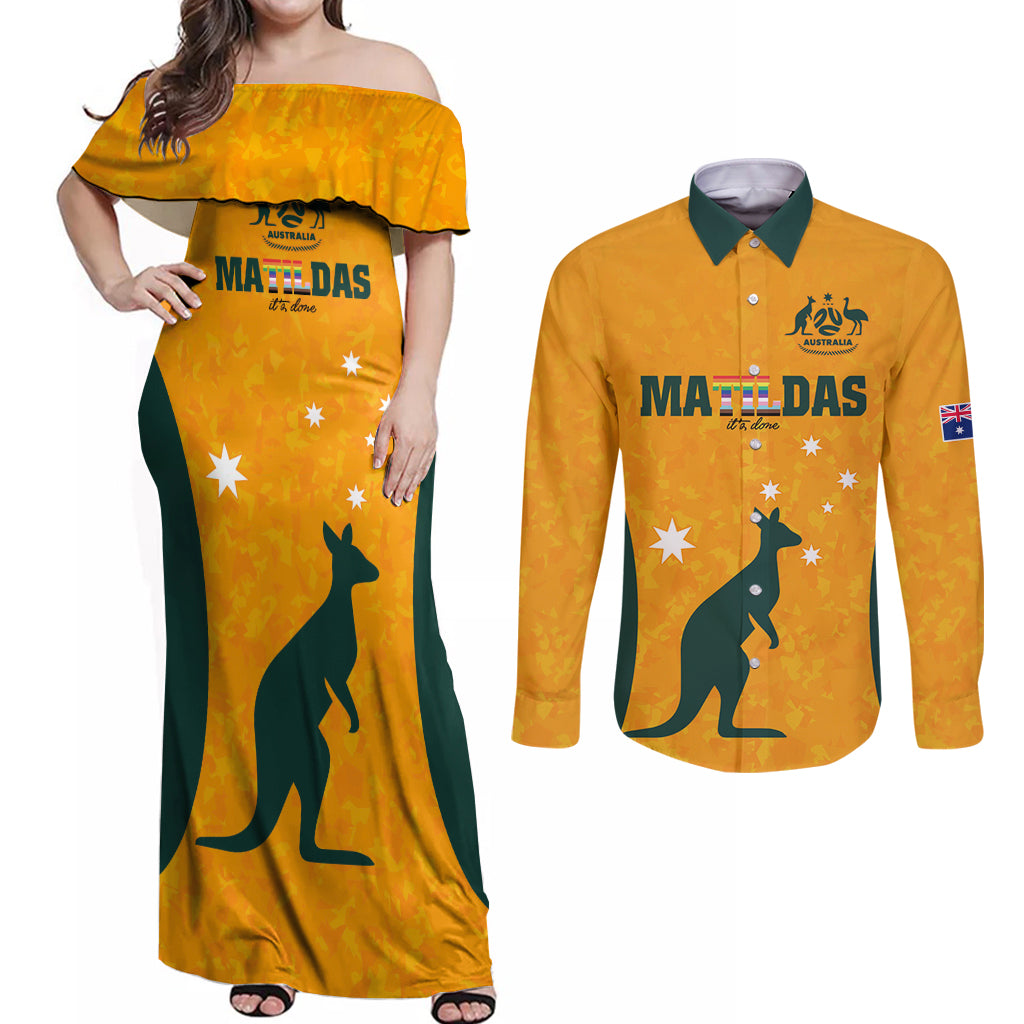 custom-australia-matildas-pride-with-kangaroo-couples-matching-off-shoulder-maxi-dress-and-long-sleeve-button-shirt