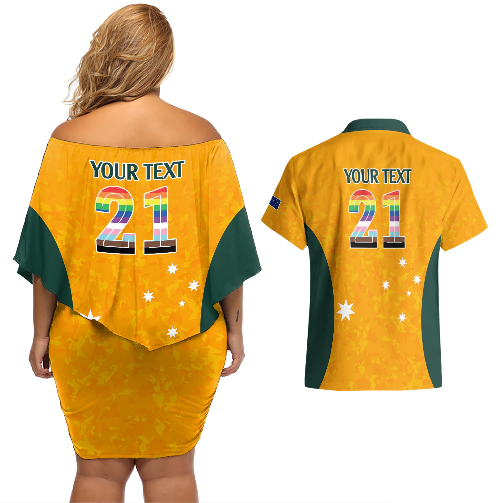 custom-australia-matildas-pride-with-kangaroo-couples-matching-off-shoulder-short-dress-and-hawaiian-shirt