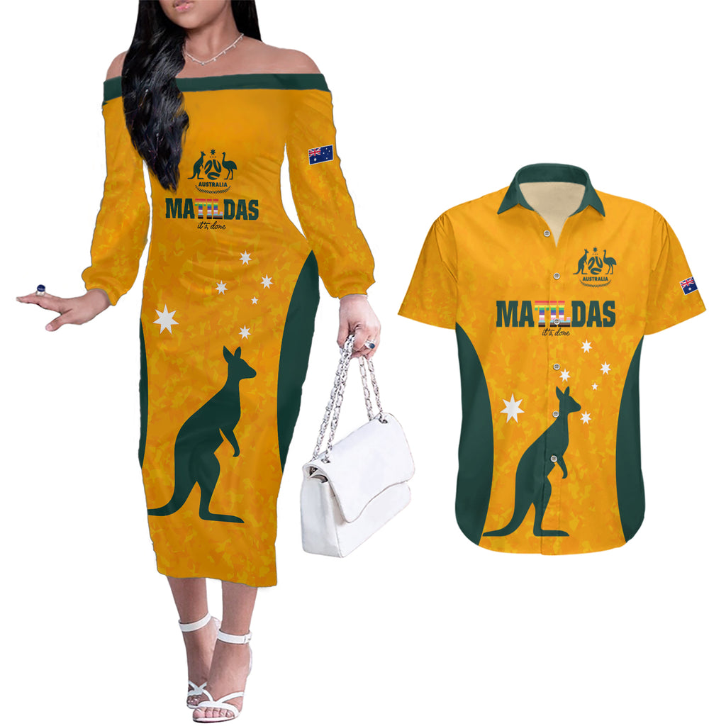 custom-australia-matildas-pride-with-kangaroo-couples-matching-off-the-shoulder-long-sleeve-dress-and-hawaiian-shirt