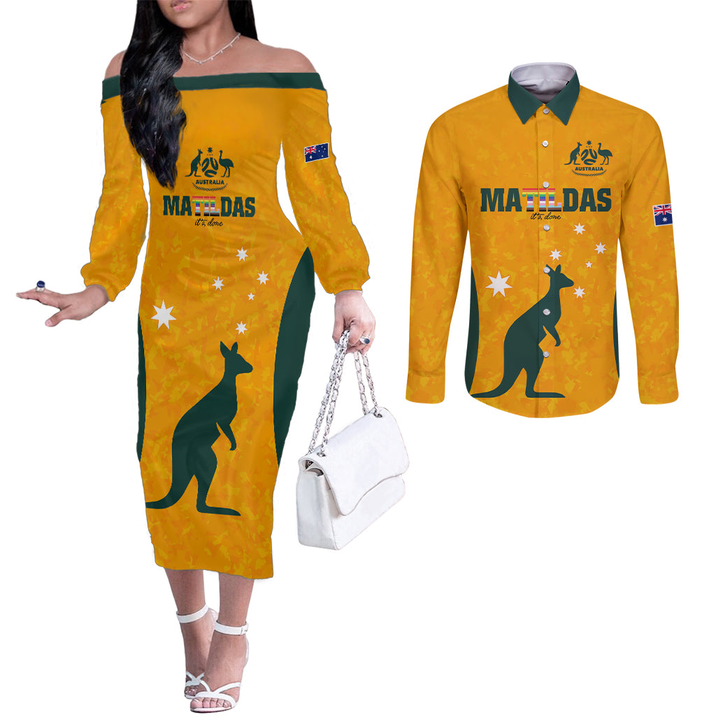 custom-australia-matildas-pride-with-kangaroo-couples-matching-off-the-shoulder-long-sleeve-dress-and-long-sleeve-button-shirt