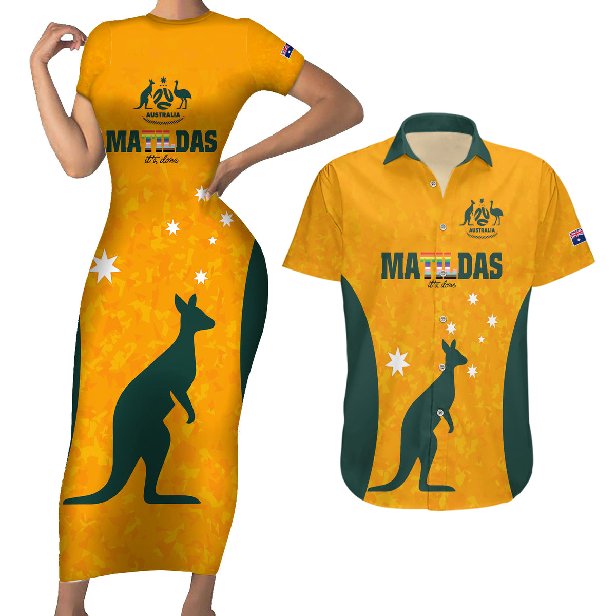 custom-australia-matildas-pride-with-kangaroo-couples-matching-short-sleeve-bodycon-dress-and-hawaiian-shirt