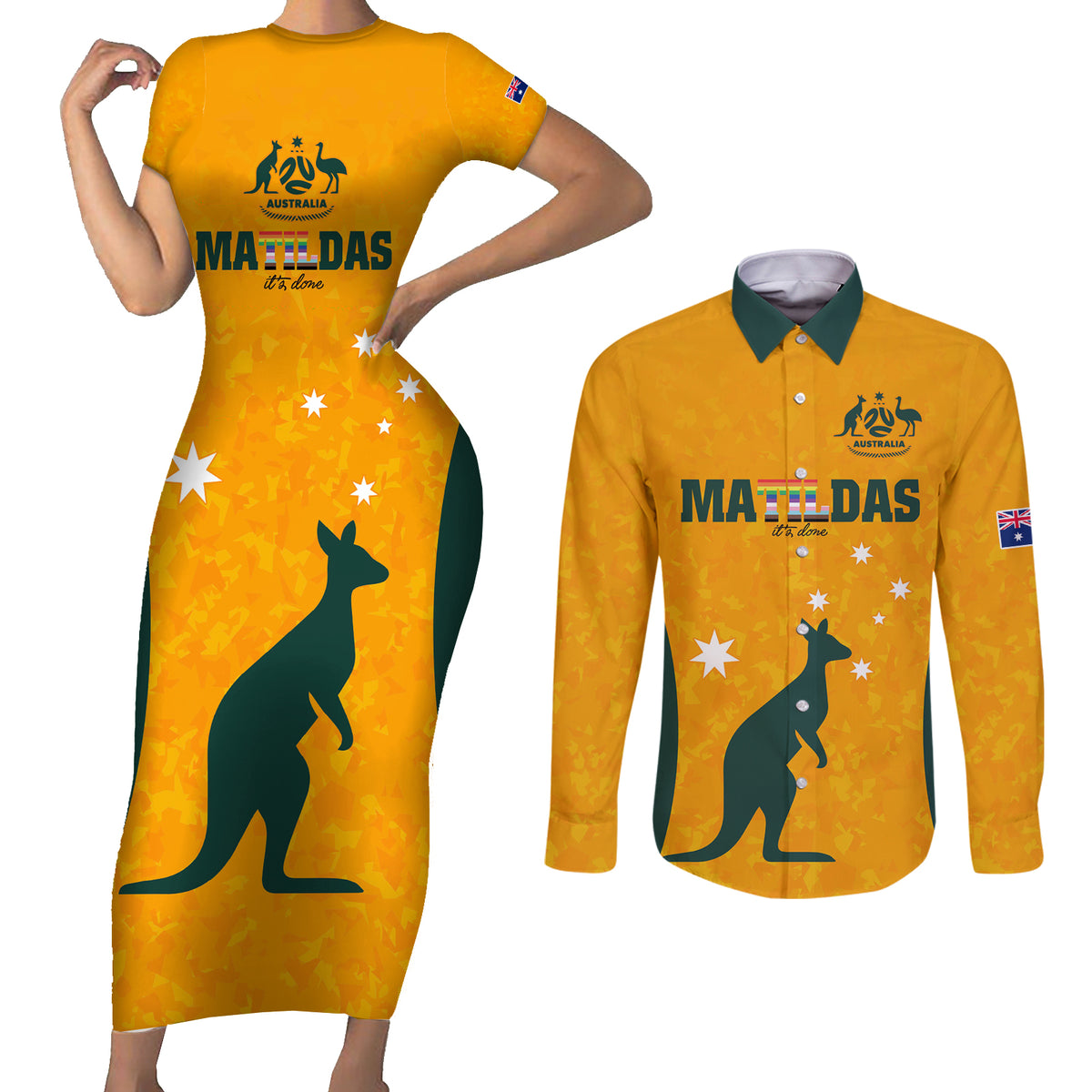 custom-australia-matildas-pride-with-kangaroo-couples-matching-short-sleeve-bodycon-dress-and-long-sleeve-button-shirt