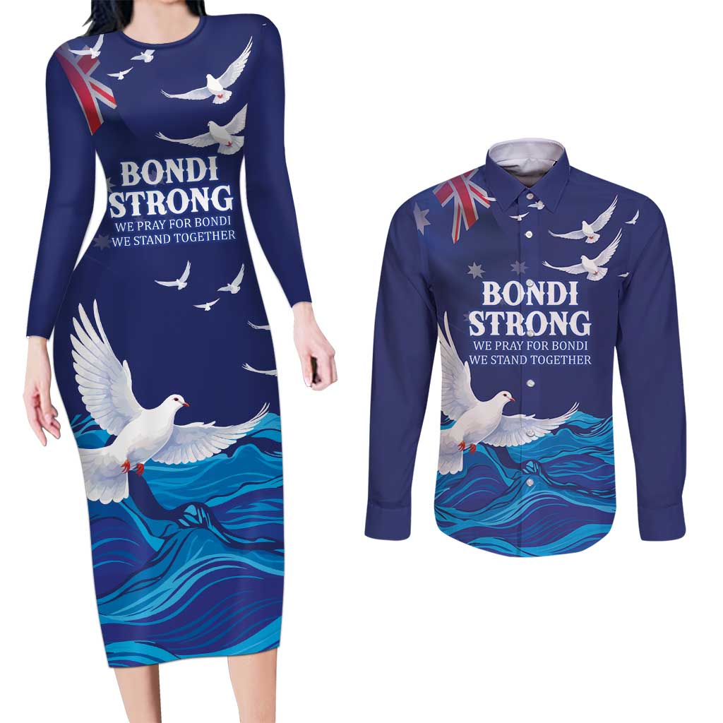 Bondi Beach Pray For Australia Personalised Couples Matching Long Sleeve Bodycon Dress and Long Sleeve Button Shirt - Aussie Hoodie