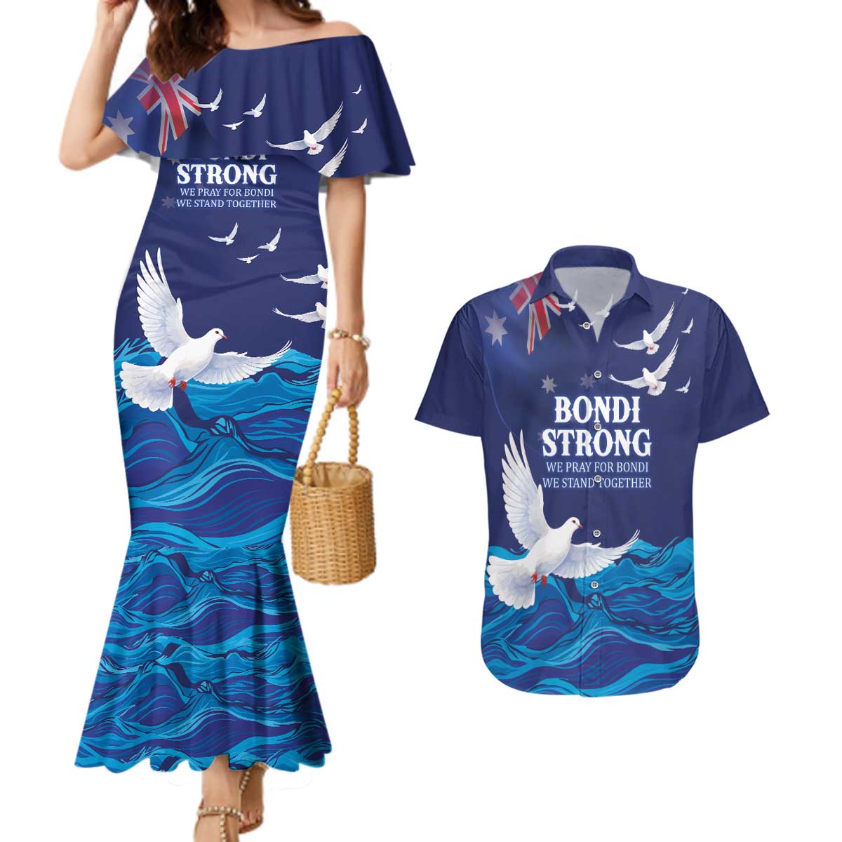 Bondi Beach Pray For Australia Personalised Couples Matching Mermaid Dress and Hawaiian Shirt - Aussie Hoodie
