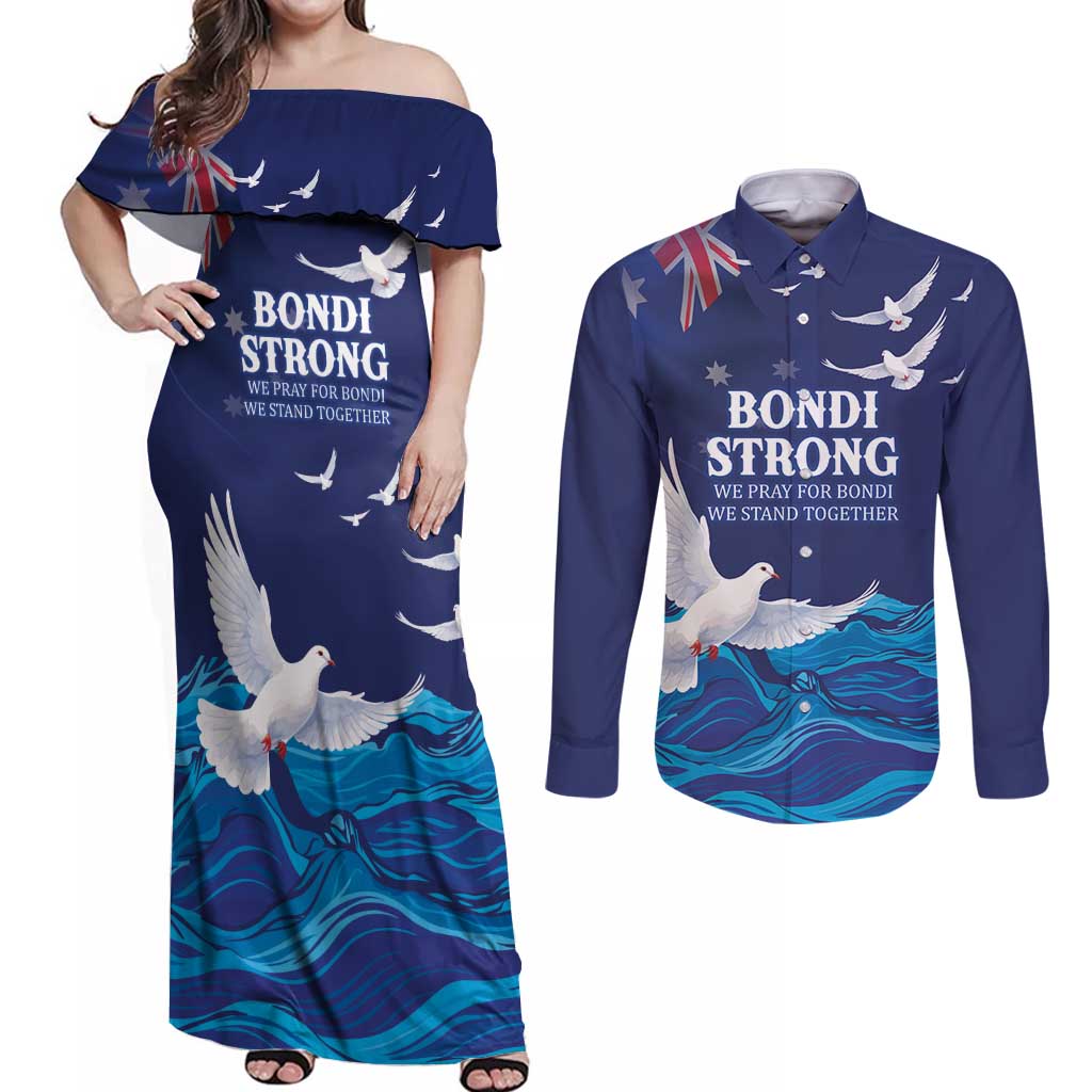 Bondi Beach Pray For Australia Personalised Couples Matching Off Shoulder Maxi Dress and Long Sleeve Button Shirt - Aussie Hoodie