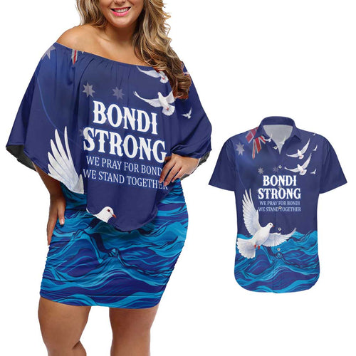 Bondi Beach Pray For Australia Personalised Couples Matching Off Shoulder Short Dress and Hawaiian Shirt - Aussie Hoodie