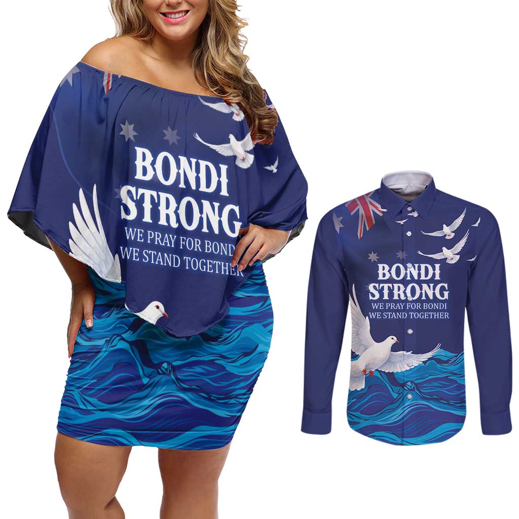 Bondi Beach Pray For Australia Personalised Couples Matching Off Shoulder Short Dress and Long Sleeve Button Shirt - Aussie Hoodie