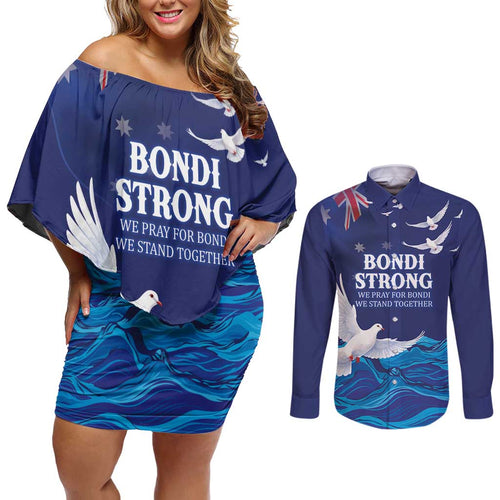 Bondi Beach Pray For Australia Personalised Couples Matching Off Shoulder Short Dress and Long Sleeve Button Shirt - Aussie Hoodie