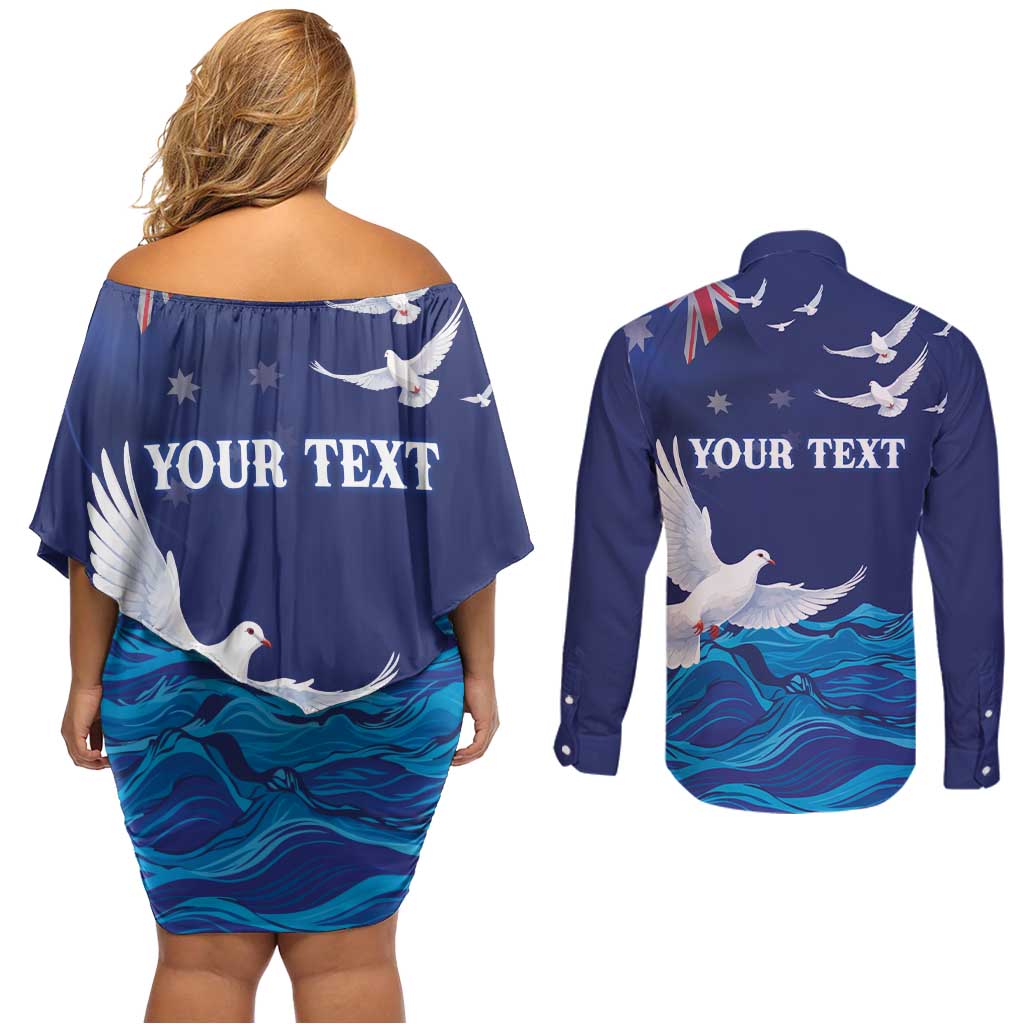 Bondi Beach Pray For Australia Personalised Couples Matching Off Shoulder Short Dress and Long Sleeve Button Shirt - Aussie Hoodie