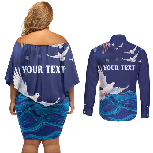Bondi Beach Pray For Australia Personalised Couples Matching Off Shoulder Short Dress and Long Sleeve Button Shirt - Aussie Hoodie