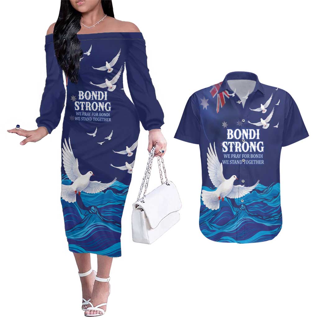 Bondi Beach Pray For Australia Personalised Couples Matching Off The Shoulder Long Sleeve Dress and Hawaiian Shirt - Aussie Hoodie