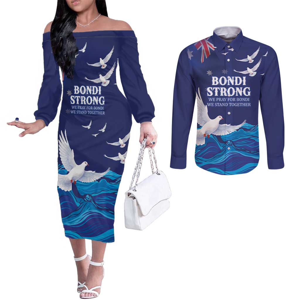 Bondi Beach Pray For Australia Personalised Couples Matching Off The Shoulder Long Sleeve Dress and Long Sleeve Button Shirt - Aussie Hoodie