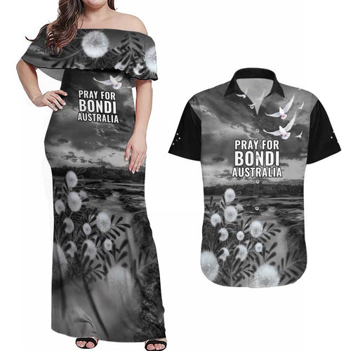 Bondi Beach Sydney Personalised Couples Matching Off Shoulder Maxi Dress and Hawaiian Shirt Pray For Bondi Australia - Aussie Hoodie