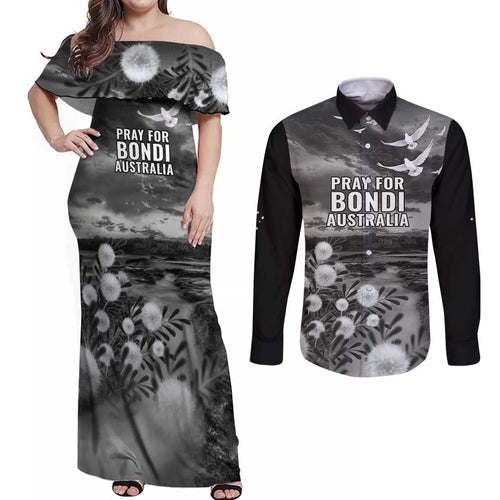 Bondi Beach Sydney Personalised Couples Matching Off Shoulder Maxi Dress and Long Sleeve Button Shirt Pray For Bondi Australia - Aussie Hoodie