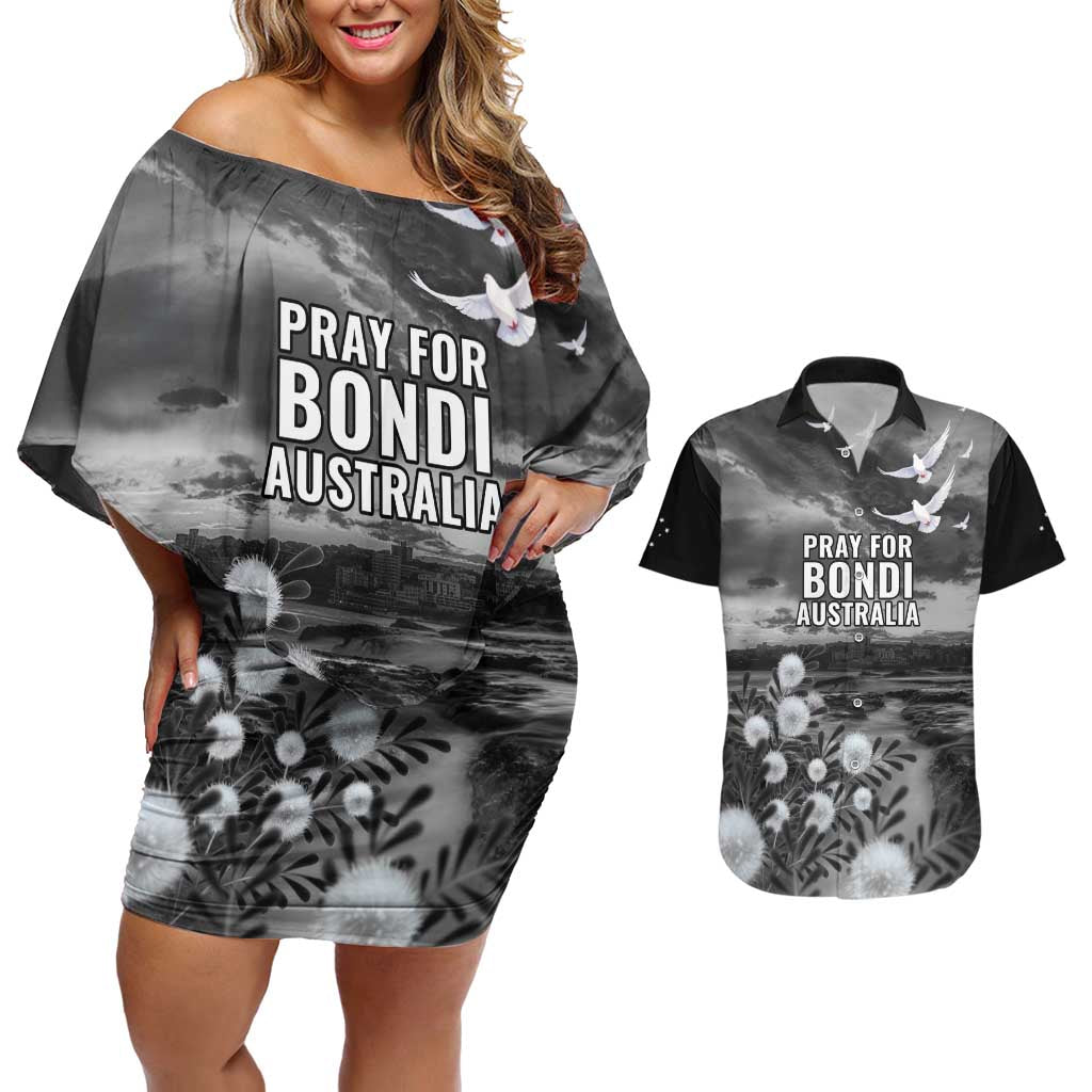 Bondi Beach Sydney Personalised Couples Matching Off Shoulder Short Dress and Hawaiian Shirt Pray For Bondi Australia - Aussie Hoodie