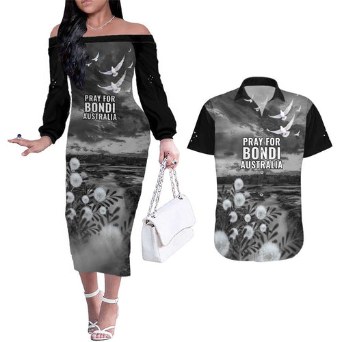 Bondi Beach Sydney Personalised Couples Matching Off The Shoulder Long Sleeve Dress and Hawaiian Shirt Pray For Bondi Australia - Aussie Hoodie
