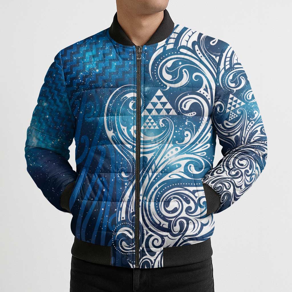 Matariki Galaxy Bomber Puffer Jacket Maori Taniko Pattern