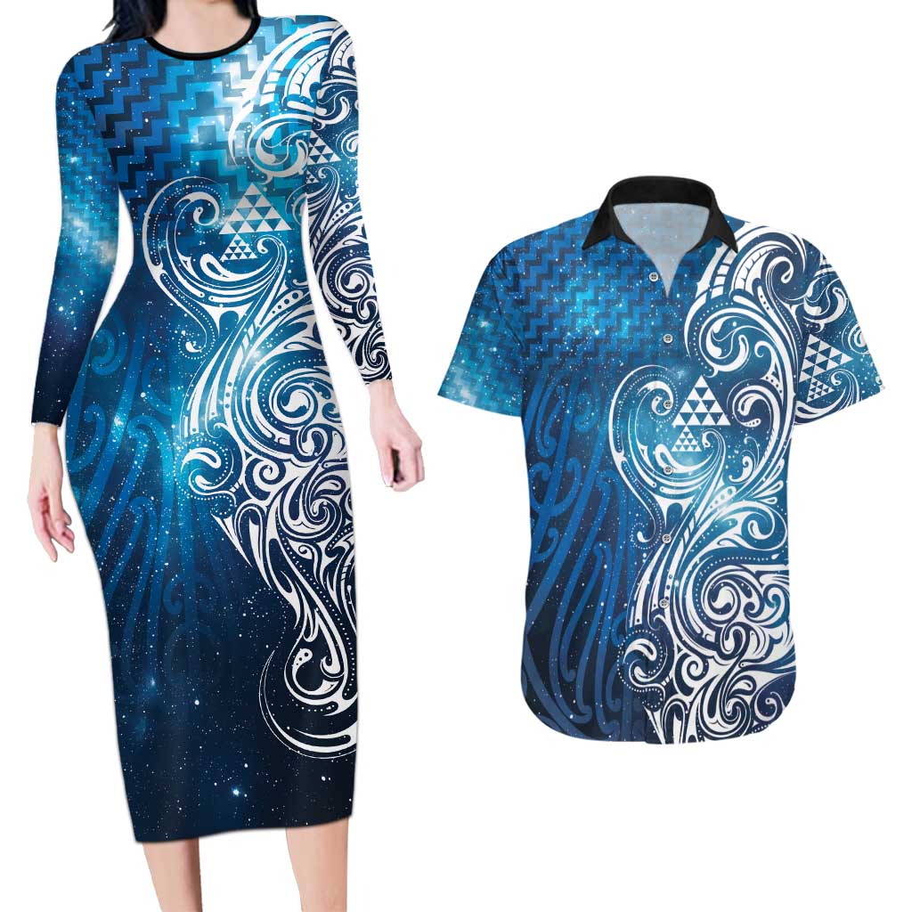 Matariki Galaxy Couples Matching Long Sleeve Bodycon Dress and Hawaiian Shirt Maori Taniko Pattern