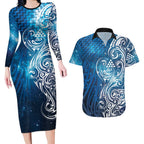 Matariki Galaxy Couples Matching Long Sleeve Bodycon Dress and Hawaiian Shirt Maori Taniko Pattern
