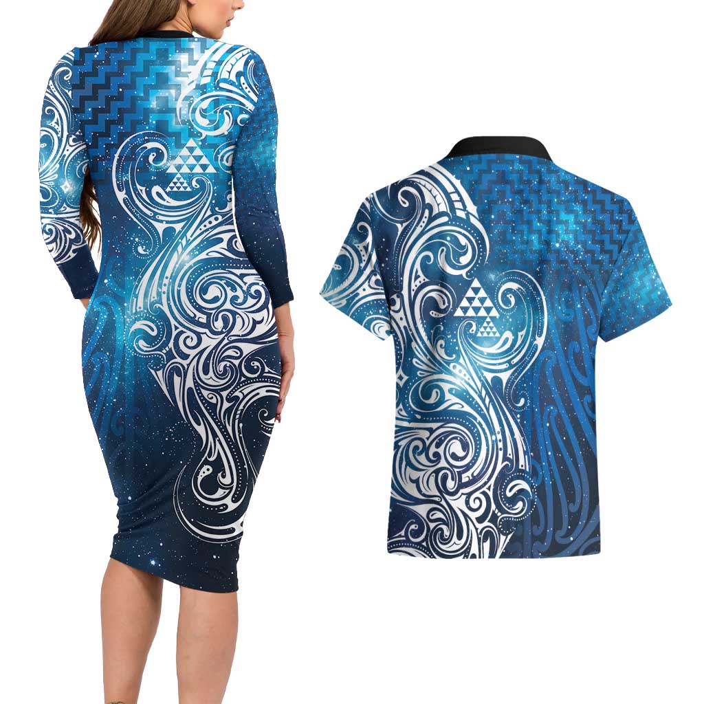 Matariki Galaxy Couples Matching Long Sleeve Bodycon Dress and Hawaiian Shirt Maori Taniko Pattern