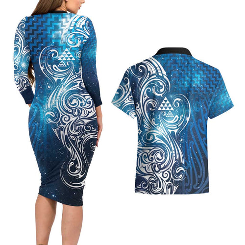 Matariki Galaxy Couples Matching Long Sleeve Bodycon Dress and Hawaiian Shirt Maori Taniko Pattern