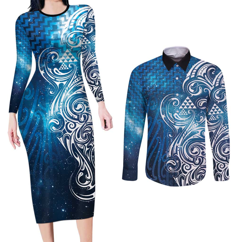 Matariki Galaxy Couples Matching Long Sleeve Bodycon Dress and Long Sleeve Button Shirt Maori Taniko Pattern