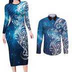 Matariki Galaxy Couples Matching Long Sleeve Bodycon Dress and Long Sleeve Button Shirt Maori Taniko Pattern