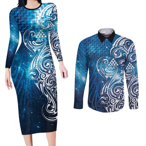 Matariki Galaxy Couples Matching Long Sleeve Bodycon Dress and Long Sleeve Button Shirt Maori Taniko Pattern