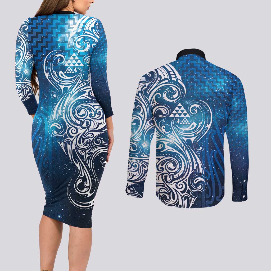 Matariki Galaxy Couples Matching Long Sleeve Bodycon Dress and Long Sleeve Button Shirt Maori Taniko Pattern