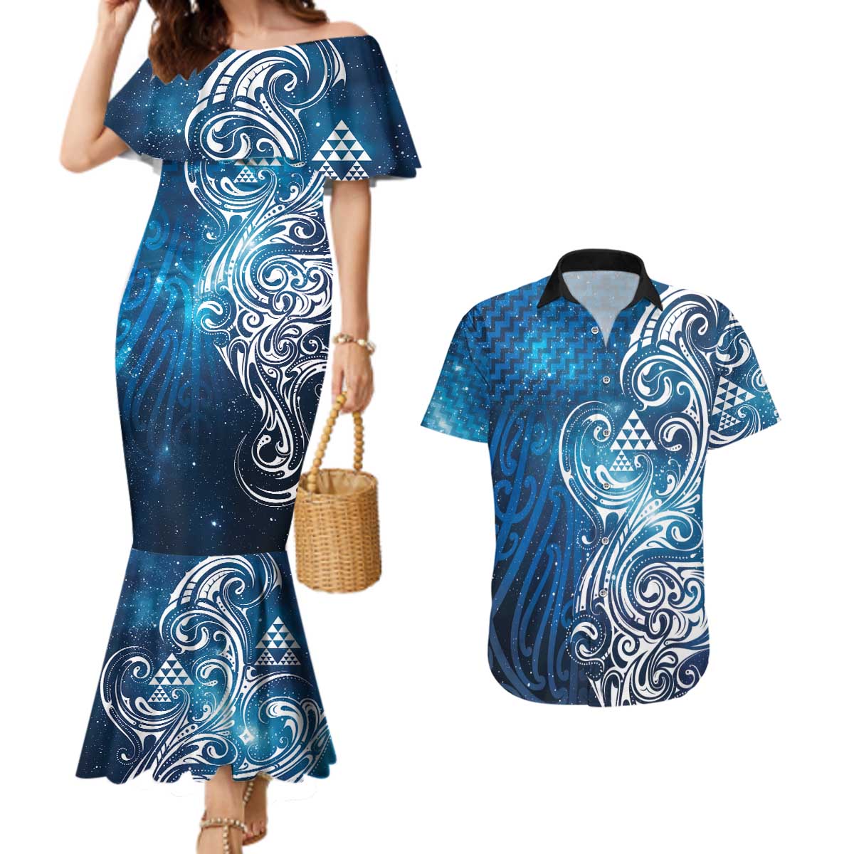 Matariki Galaxy Couples Matching Mermaid Dress and Hawaiian Shirt Maori Taniko Pattern