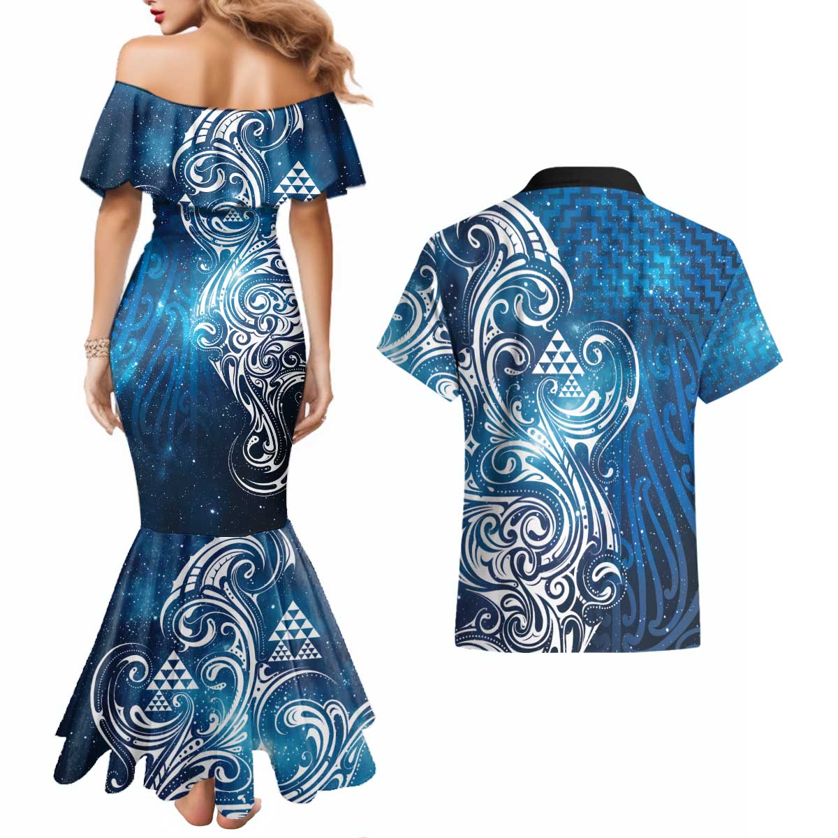 Matariki Galaxy Couples Matching Mermaid Dress and Hawaiian Shirt Maori Taniko Pattern