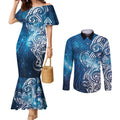 Matariki Galaxy Couples Matching Mermaid Dress and Long Sleeve Button Shirt Maori Taniko Pattern
