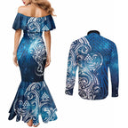 Matariki Galaxy Couples Matching Mermaid Dress and Long Sleeve Button Shirt Maori Taniko Pattern