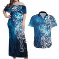 Matariki Galaxy Couples Matching Off Shoulder Maxi Dress and Hawaiian Shirt Maori Taniko Pattern