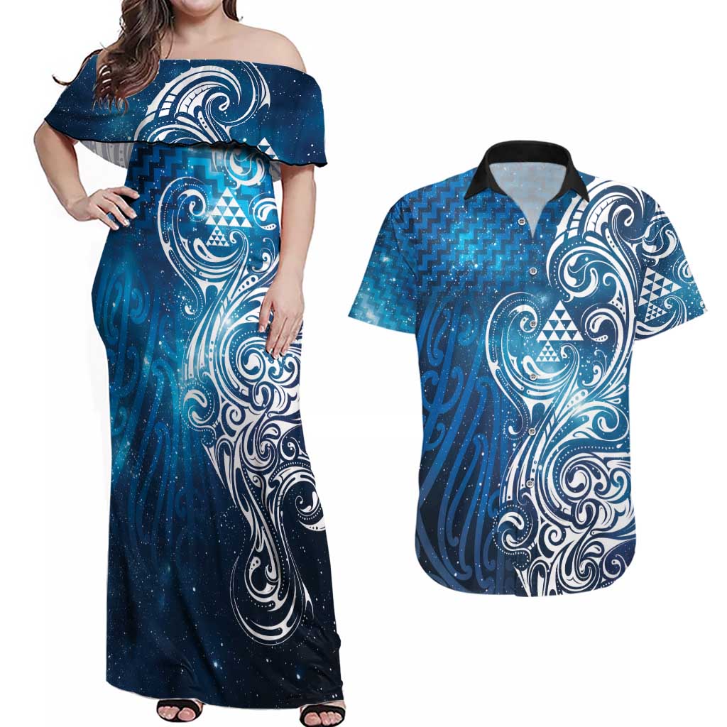 Matariki Galaxy Couples Matching Off Shoulder Maxi Dress and Hawaiian Shirt Maori Taniko Pattern