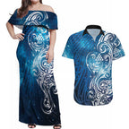 Matariki Galaxy Couples Matching Off Shoulder Maxi Dress and Hawaiian Shirt Maori Taniko Pattern