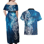 Matariki Galaxy Couples Matching Off Shoulder Maxi Dress and Hawaiian Shirt Maori Taniko Pattern