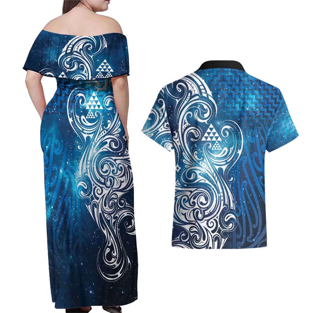 Matariki Galaxy Couples Matching Off Shoulder Maxi Dress and Hawaiian Shirt Maori Taniko Pattern